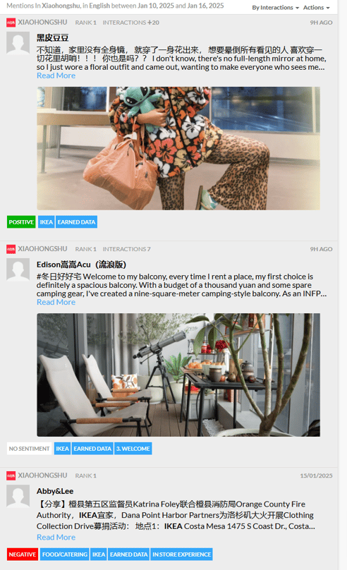 Suivi de la marque Ikea. Mentions en anglais sur la plateforme Xiaohongshu