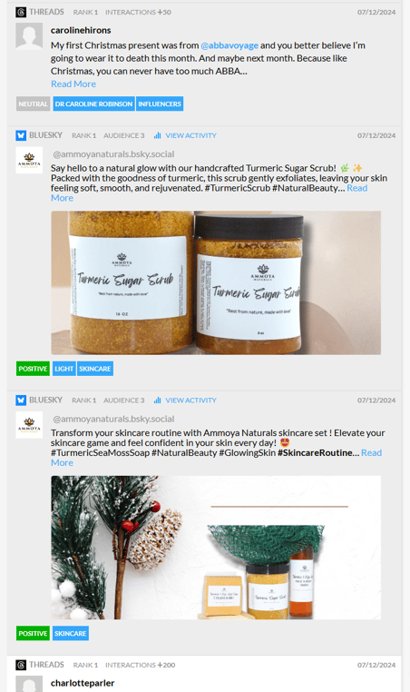  Suivi des conversations sur les soins de la peau sur Bluesky et aussi Threads.