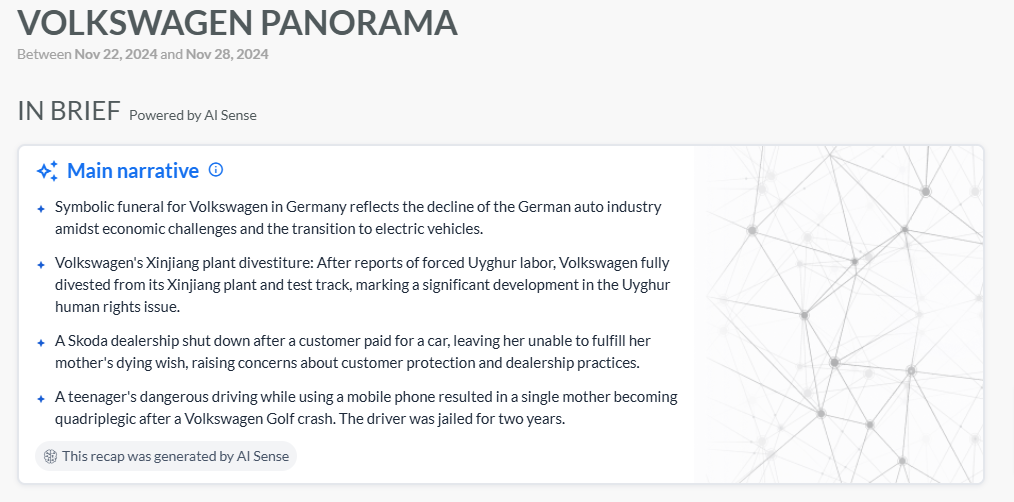 Résumé des actualités constituant des drivers de Réputation pour  le groupe et la marque Volkswagen 