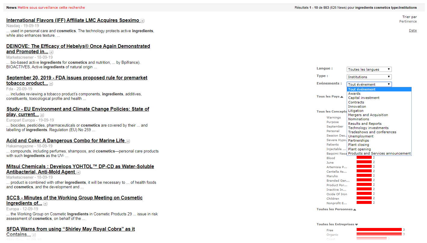 Une recherche-veille sur les ingrédients des cosmétiques et une extraction automatique de concepts (via Digimind Intelligence) 