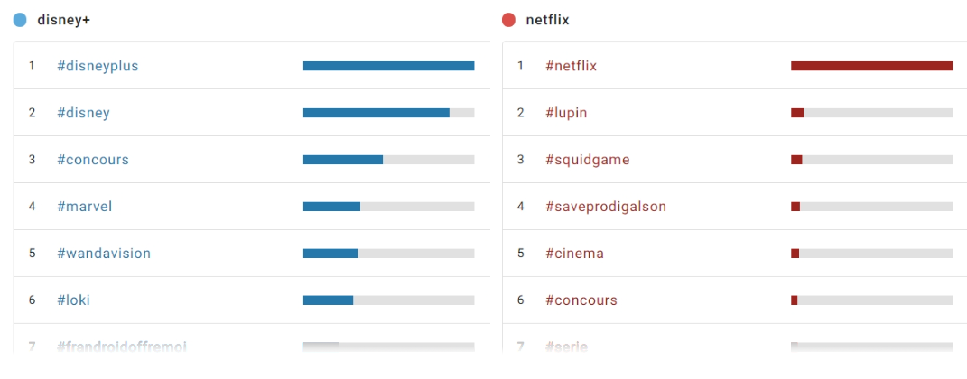 Extrait des hashtags les plus employés à propos de Netflix et Disney+ en 2021- web et médias sociaux -France. Via Digimind Historical Search. 