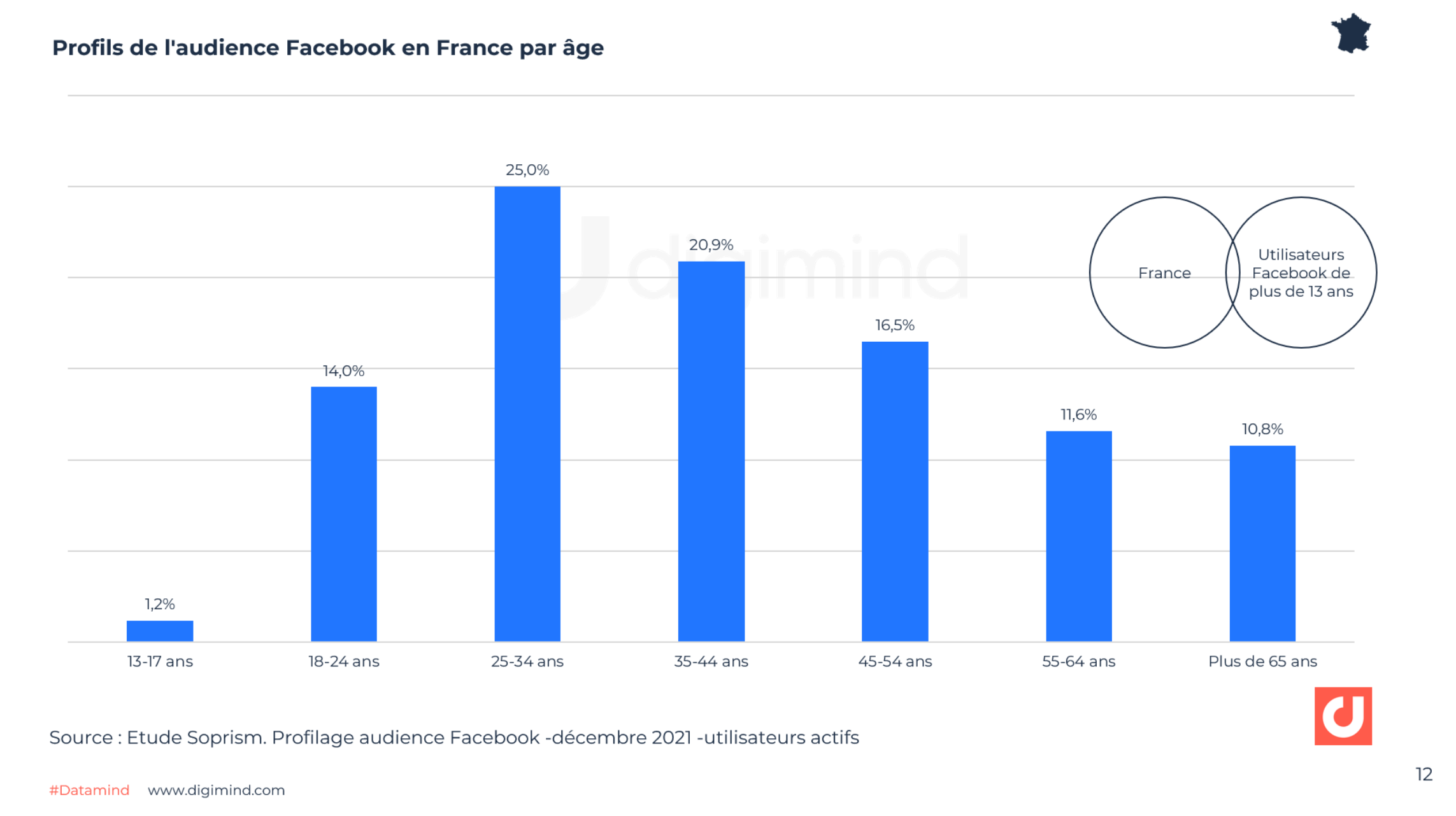 Répartition des utilisateurs de Facebook en France par tranches d'âges.  Soprism
