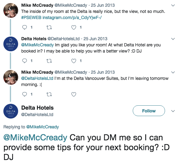 Capture d'écran de l'expérience client positive (Delta Hotels) de l'utilisateur Twitter @MikeMcCready