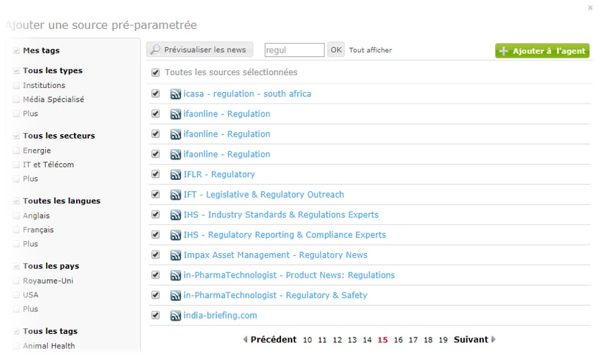 Des sources pré-qualifiées dans le domaine de la réglementation  (via Digimind Intelligence) 