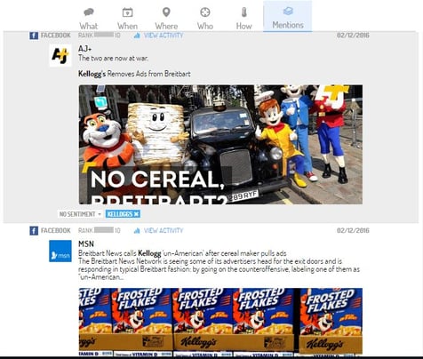 Facebook mention screenshot showing mainly media outlets and brands contributing to the conversation online