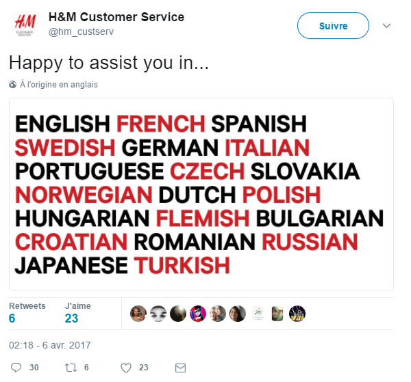 Compte Twitter de H&M Customer Service
