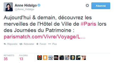 Tweet de Anne Hidalgo sur les merveilles de l'Hotel de ville de Paris