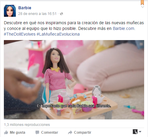 Post de Facebook sobre la nueva barbie evoluciona