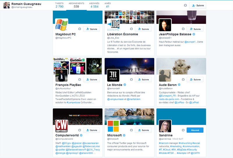 Quelques abonnements du compte Twitter de @romaingueugneau journaliste aux Echos service high Tech