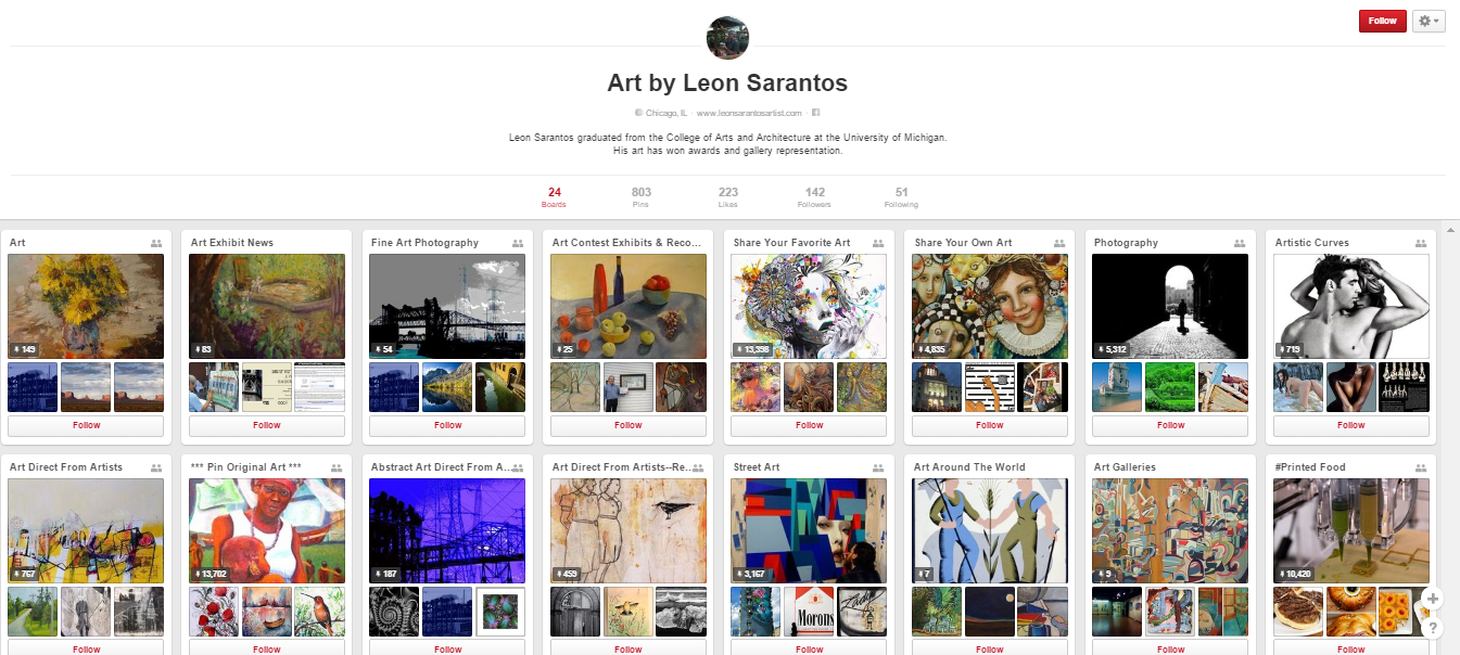 A screenshot of a Pinterest board of Art by Leon Sarantos