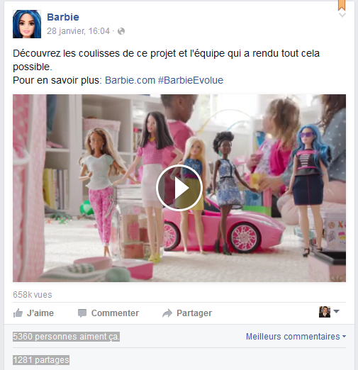 Post sur la page Facebook Barbie France