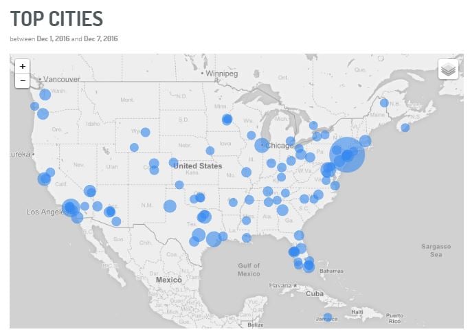 Top cities map displaying which American cities the most mentions ar taking place with the #DumpKelloggs hashtag