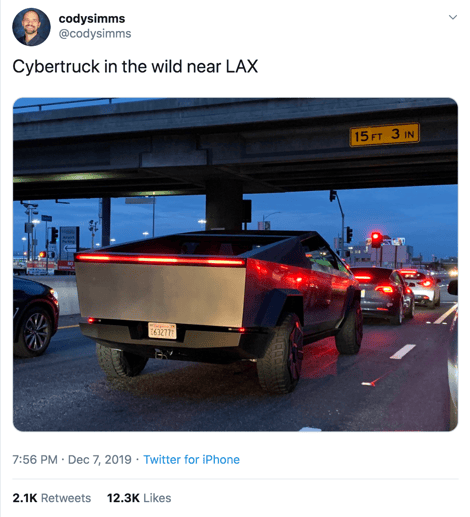 Tweet showing Elon Musk test driving the Cybertruck