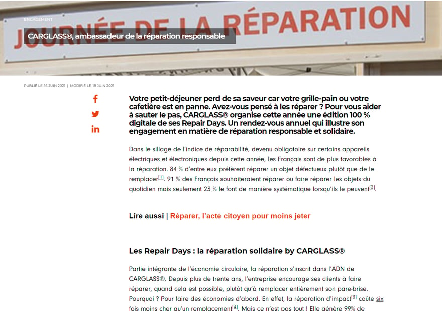 Les "Repair Days" de Carglass. Un rendez-vous annuel qui illustre l'engagement de la marque en matière de réparation responsable et solidaire.